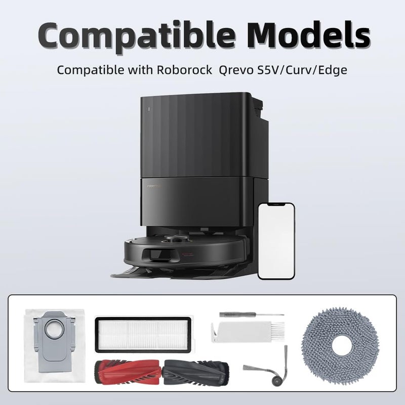 مجموعة ملحقات Qrevo S5V مكونة من 24 قطعة بديلة متوافقة مع مكنسة Roborock Qrevo S5V/Curv/Edge Robot Vacuum، زوج واحد من الفرشاة الرئيسية، 4 وسادات قماش ممسحة، 6 فرش جانبية، 4 مرشحات HEPA، 6 أكياس غبار، 1 أداة تنظيف - Image 3